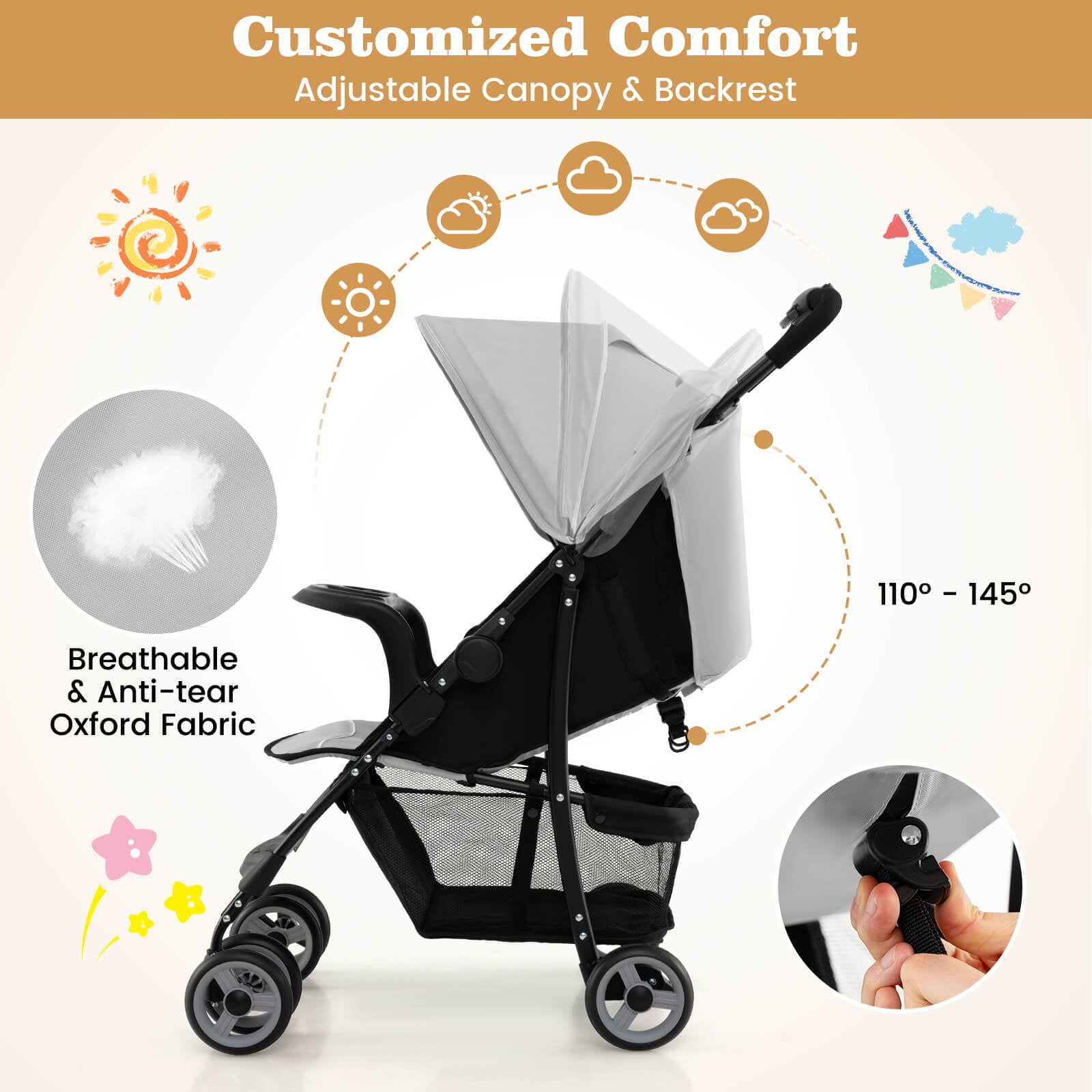 Costway Foldable Lightweight Baby Stroller Kids Travel Pushchair 5-Point Safety System Gray