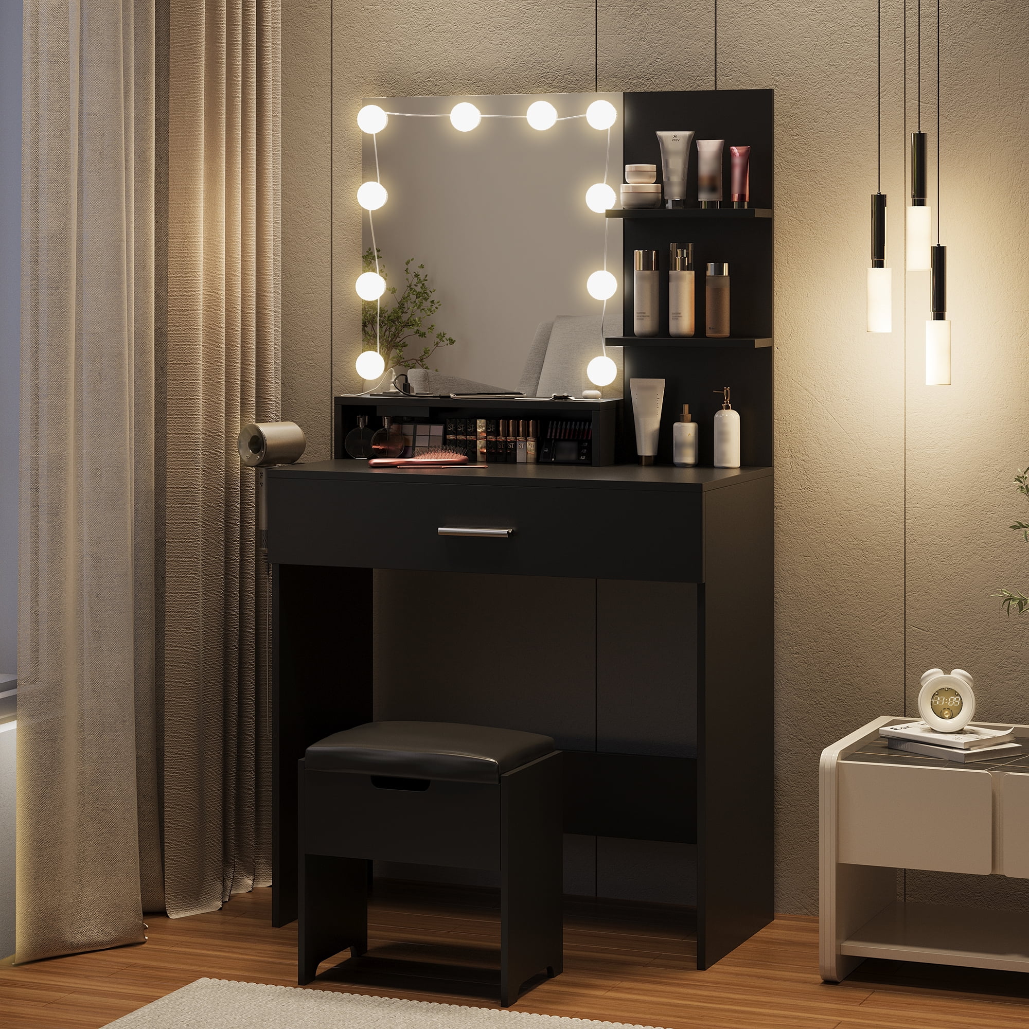 Vabches LED Lights Dressing Table Dressing Stool Table Set black