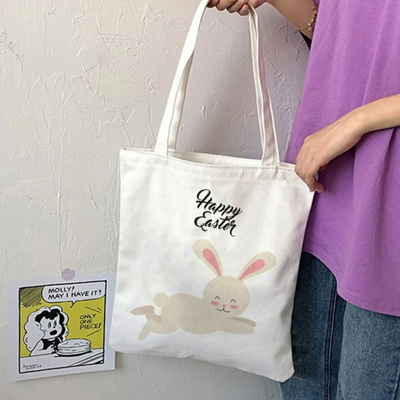 Easter Gift Bags, Large Easter Bags with Handles, Canvas Easter Egg Bunny Treat Bags for Kids, Happy Easter Rabbit Bags, Trick Bags Easter Kids Party Favor Supplies, Tote Bag Easter Basket Bags