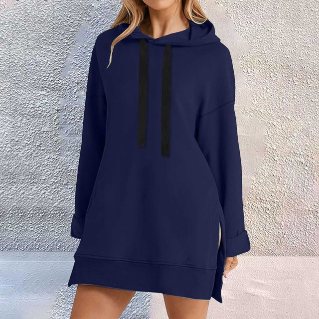 Chandail à Capuche pour Femmes Robe Longueur Genou Long Chandail-Over Hauts Fendus Automne Hiver Chandail en Peluche