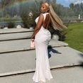 thumbnail image 3 of Women's O-Neck Sleeveless Backless Pleated Ribbons Bandage Hips Wrapped Long Dress, Solid Color, 3 of 20