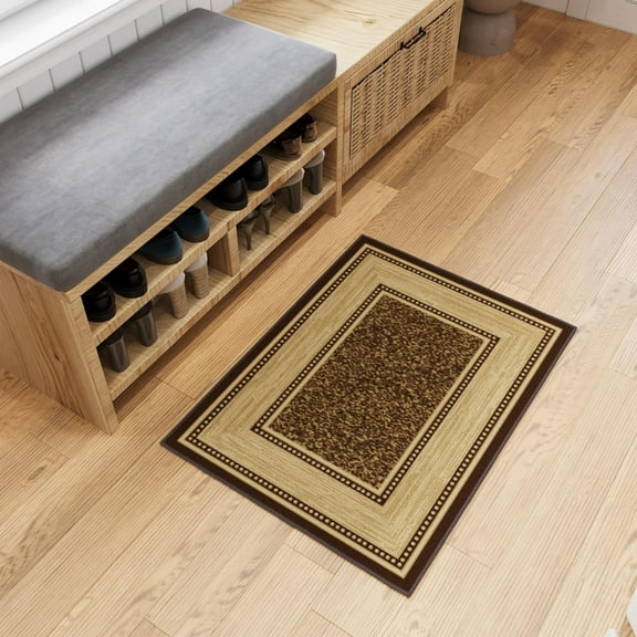 Ottohome Non-Slip Rubberback Bordered Design 2x3 Indoor Area Rug/Entryway Mat, 2'3" x 3', Brown