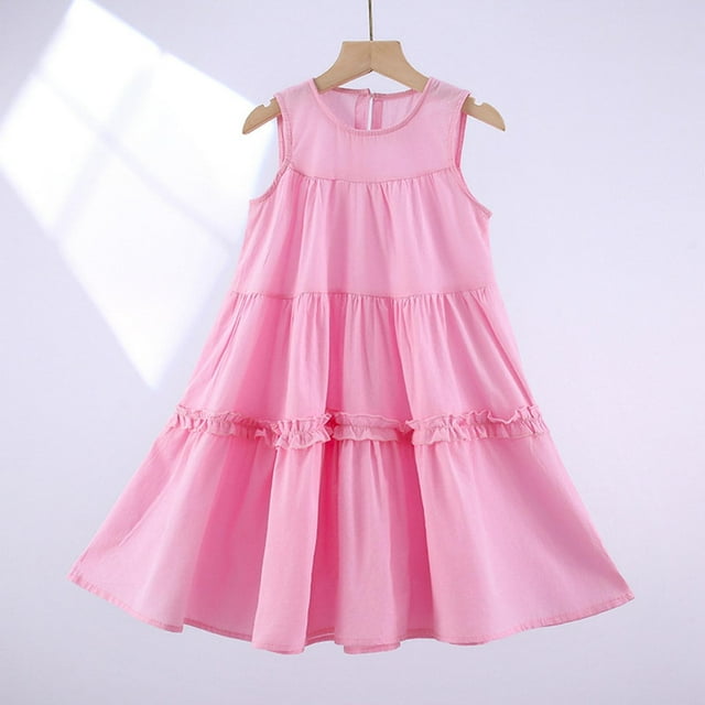 LOVZFMLL Robe d'Été Sans Manches pour Enfant Couleur Unie Col Rond Robe de Princesse Jupe Douce Décontractée