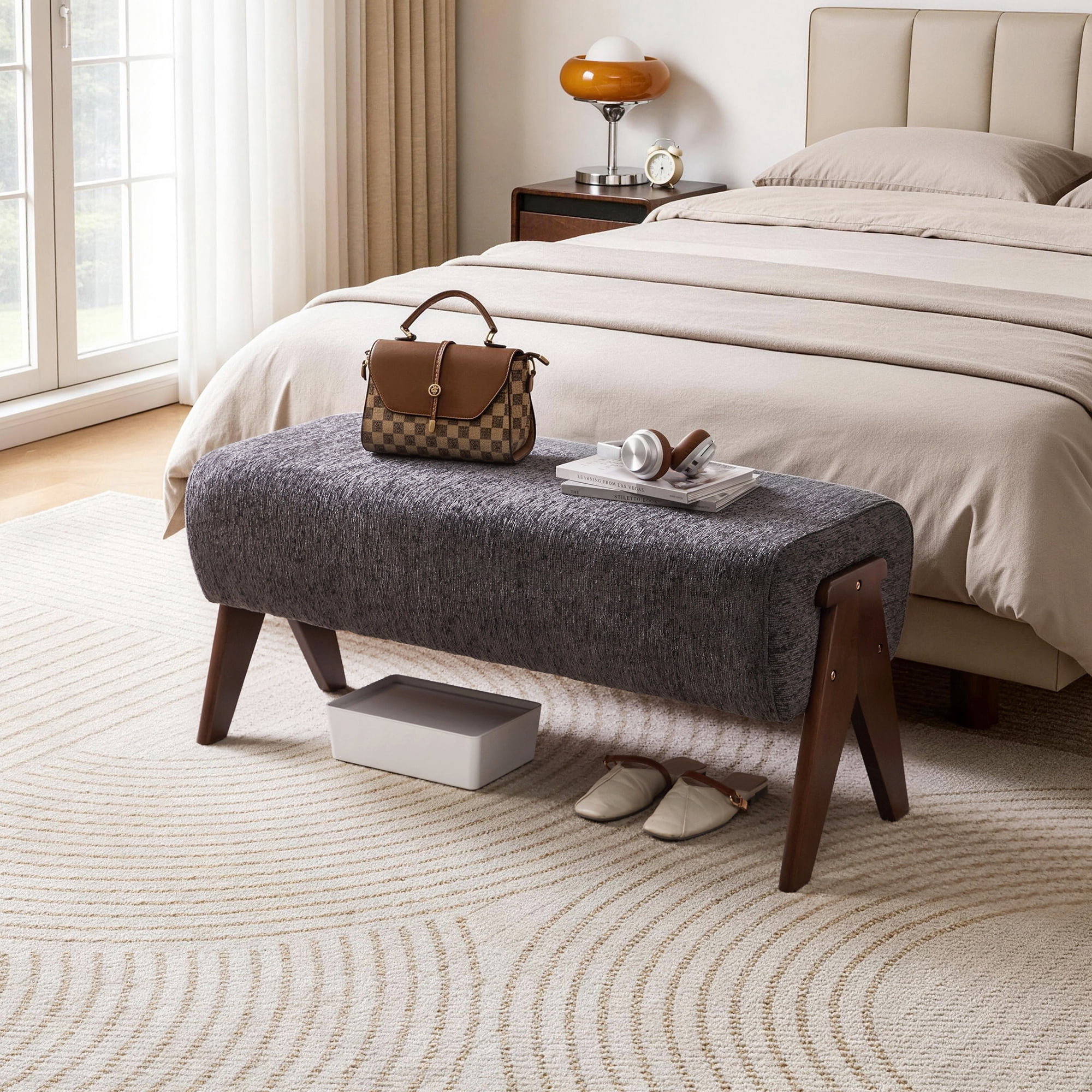 Chenille Upholstered Bench with Solid Wood Legs, Gray, 38.19 in x 15.75 in x 16.93 in