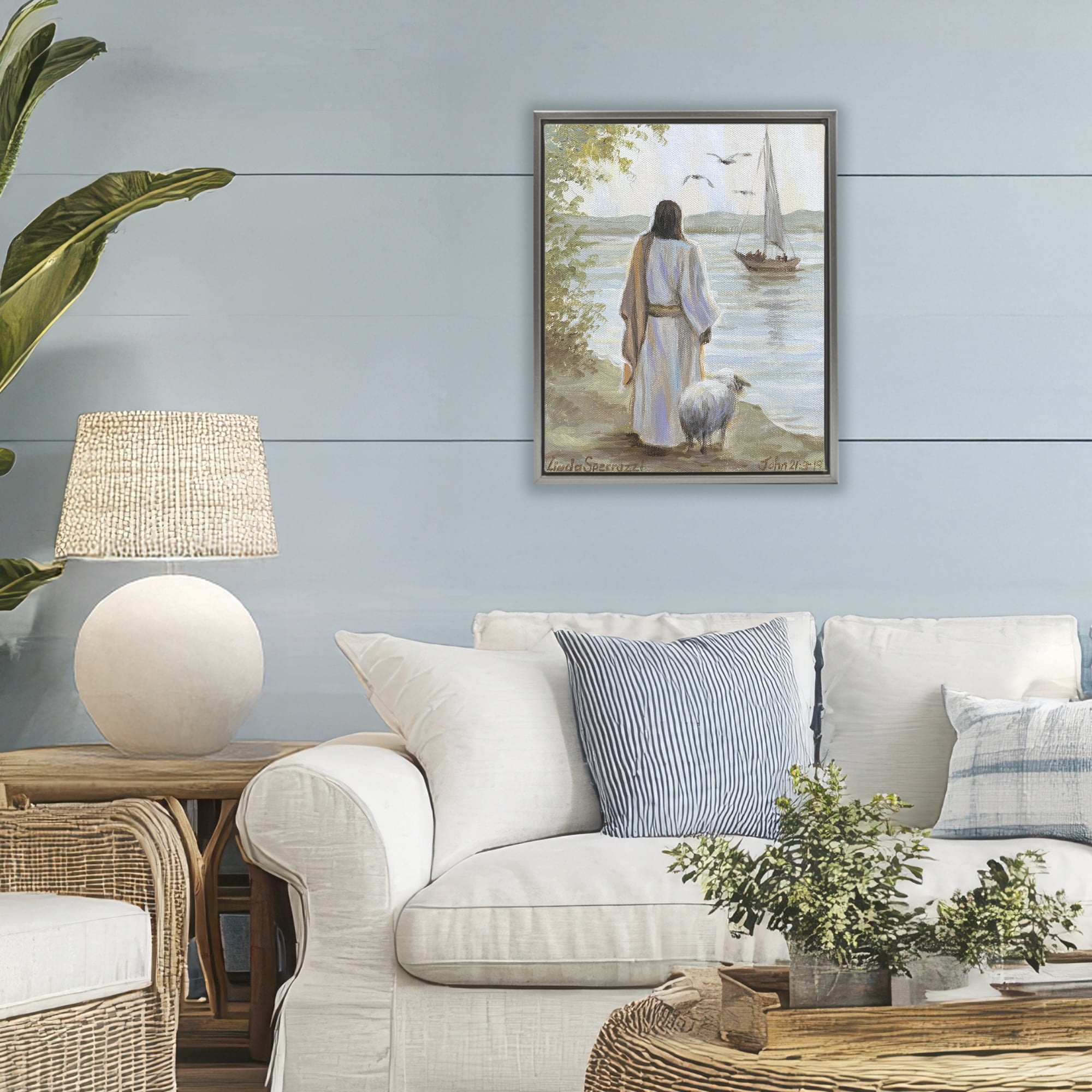 Stupell Industries Jesus Waiting Ashore Gray Framed Floater Canvas Wall Art, design by Linda Sperruzzi