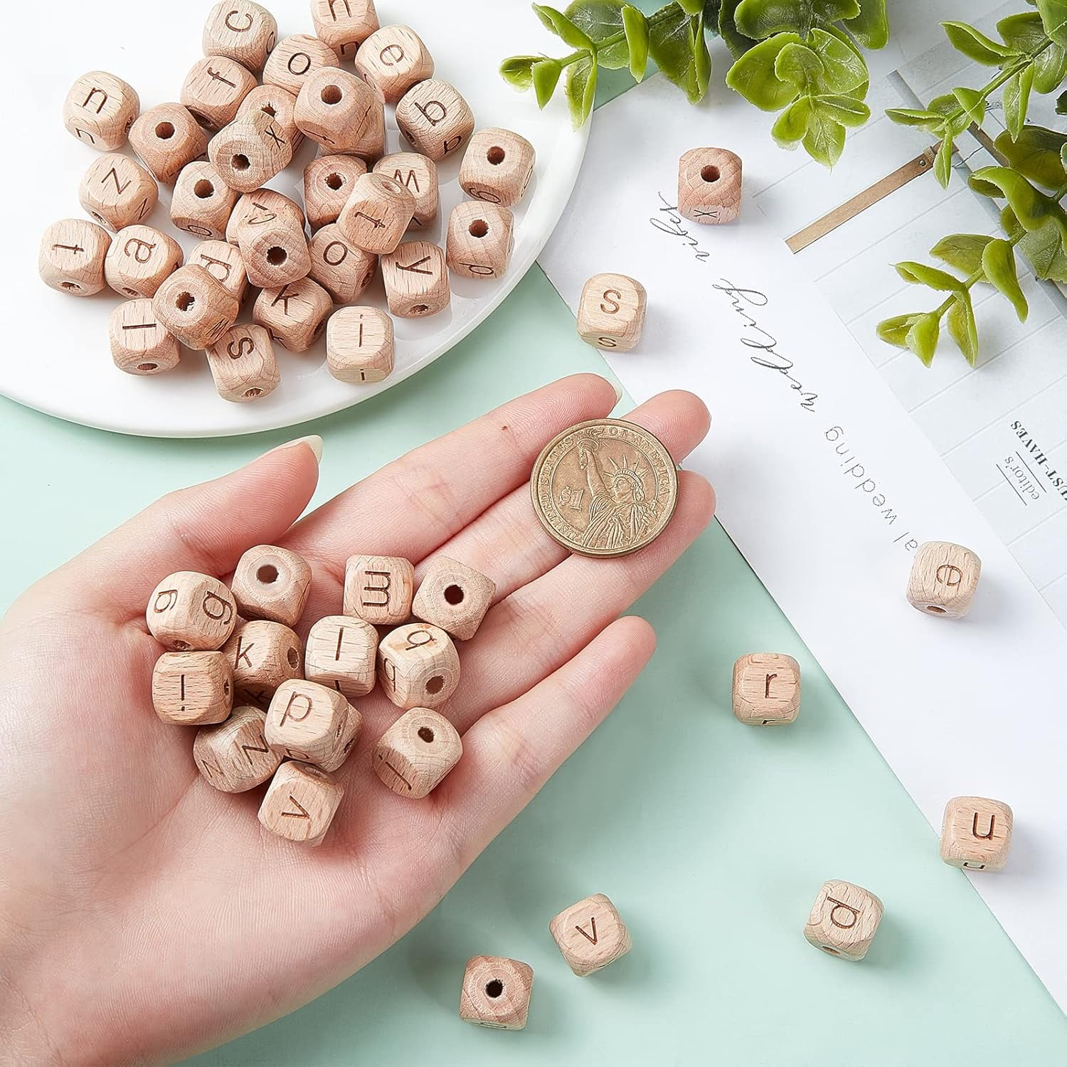 8 set Natural Wood Beads Cube with Letter Square Sienna 12x12x12mm Hole: 3mm Beech Wood
