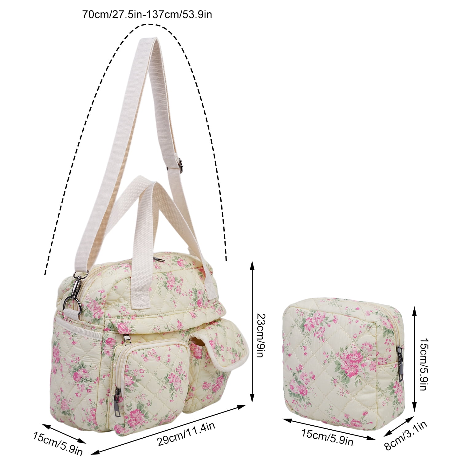 Small Floral Quilted Tote Bag 2-Pack for Women: Multi-Pocket Crossbody & Shoulder Bag for Everyday Use