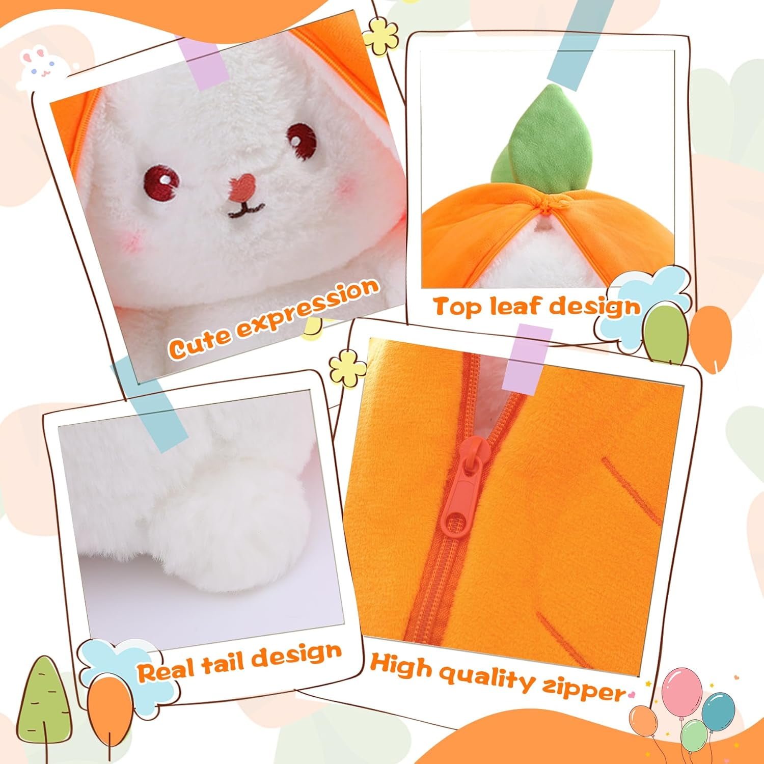 13.7 inch Easter Bunny Stuffed Animal, Kawaii Squishy Cute Easter Bunny Plush Turn Into Rabbit Fruit Doll Carrot Strawberry Pillow, Plushies Funny Bunny Toy for Baby