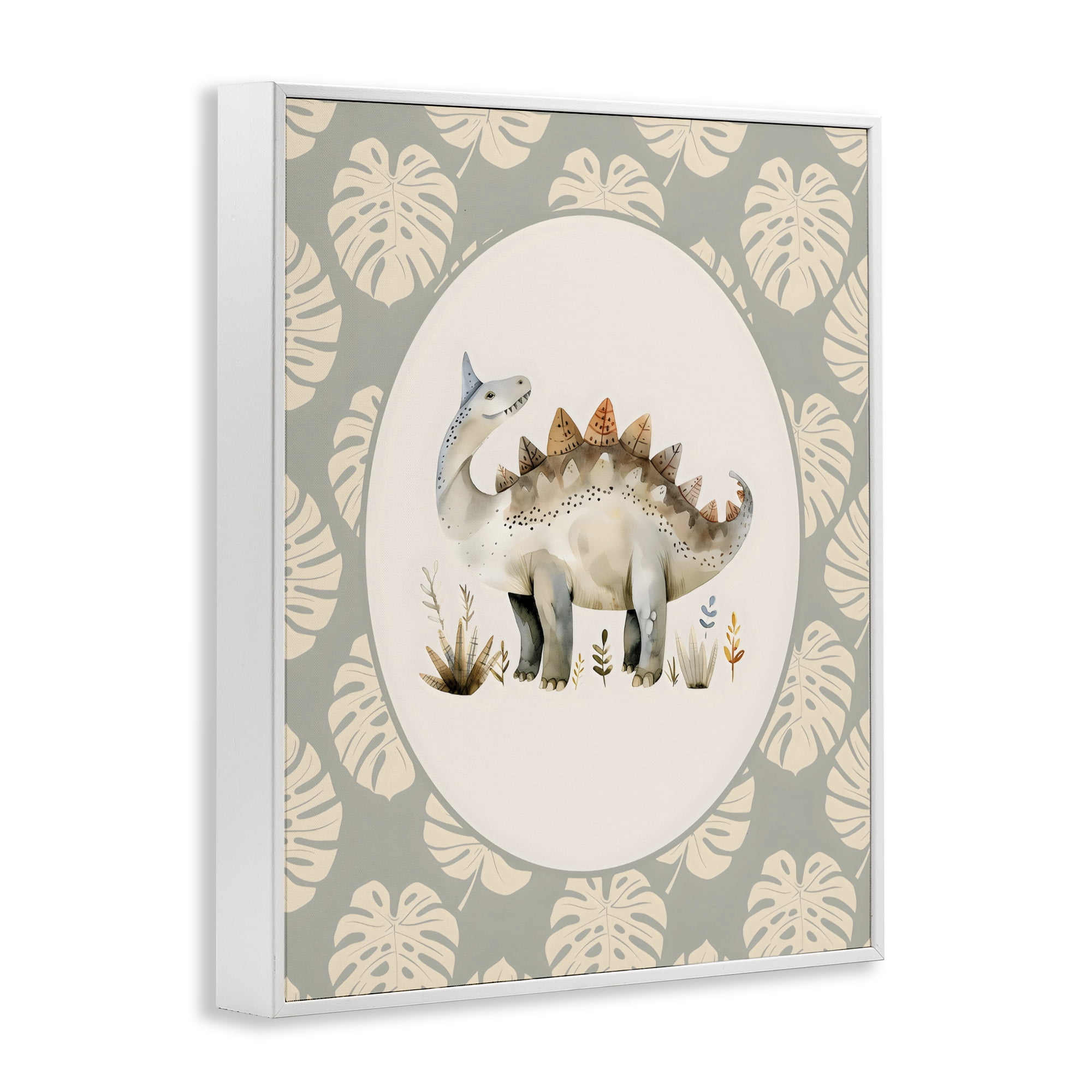 Stupell Industries Watercolor Dinosaur Monstera Border White Framed Giclee Art, design by LSR Design Studio