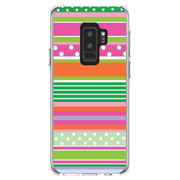 DistinctInk Clear Shockproof Hybrid Case for Samsung Galaxy S9  PLUS (6.2" Screen) - TPU Bumper, Acrylic Back, Tempered Glass Screen Protector - Green Pink White Stripes Polka Dots