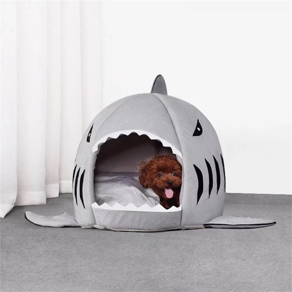 Shark Shaped Pet House Tent Cat Bed, Thickened Winter Warm Igloo Cat Cave Bed, Semi-Enclosed Indoor Puppy Sleeping Hut with Non-Slip Base for Cats Small Dogs,Gary