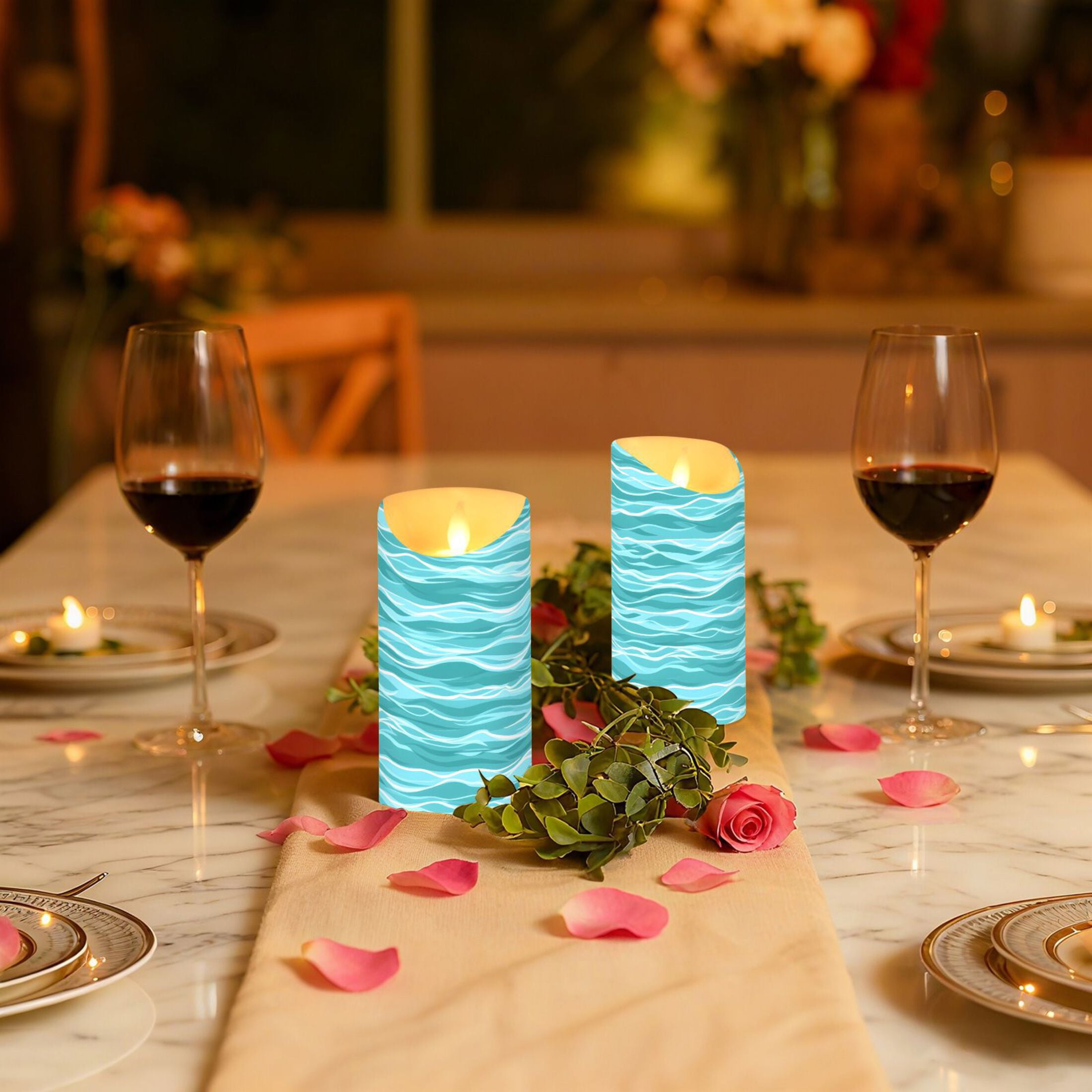 Teal Ocean Flameless Candles 2 PCS with Remote Realistic Moving Flame LED Tapered Pillar Set for Home Decor