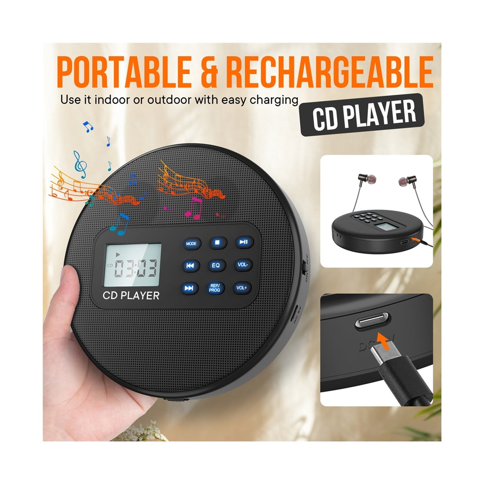Portable CD Player MP3 Music Disc Player with Dual Speakers Compact Design for Travel and Study