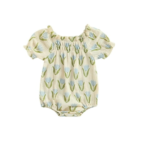 

Suanret Toddler Baby Girls Romper Flower Print Short Puff Sleeve Newborn Baby Jumpsuit Summer Clothes Bodysuit Blue 0-6 Months