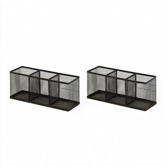 2 Pcs Black 3-Compartment Pen Holder Desk Organizer, 10.43" High Carbon Steel Mesh Stationery Tray for Office, Study & Classroom