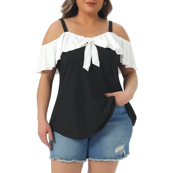 Agnes Orinda Women's Plus Size Tops V Neck Off Shoulder Ruffle Short Sleeve Bow Blouses Summer Tee Top 2X Black