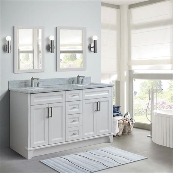 Bellaterra Home 400700-61D-WH-WMR 61 in. Double Rectangle Sink Vanity with Carrara Marble Top, White