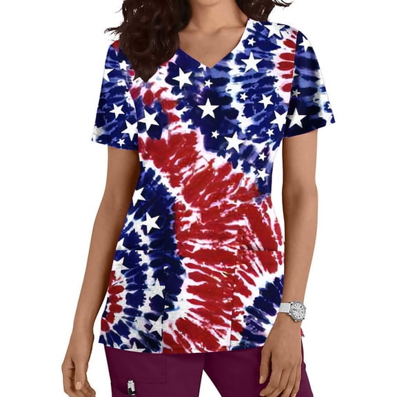 Lilgiuy Women's Comfortable Tops Short Sleeve V-Neck Tees Working Uniform Independence Day Printing With Pocket Blouse