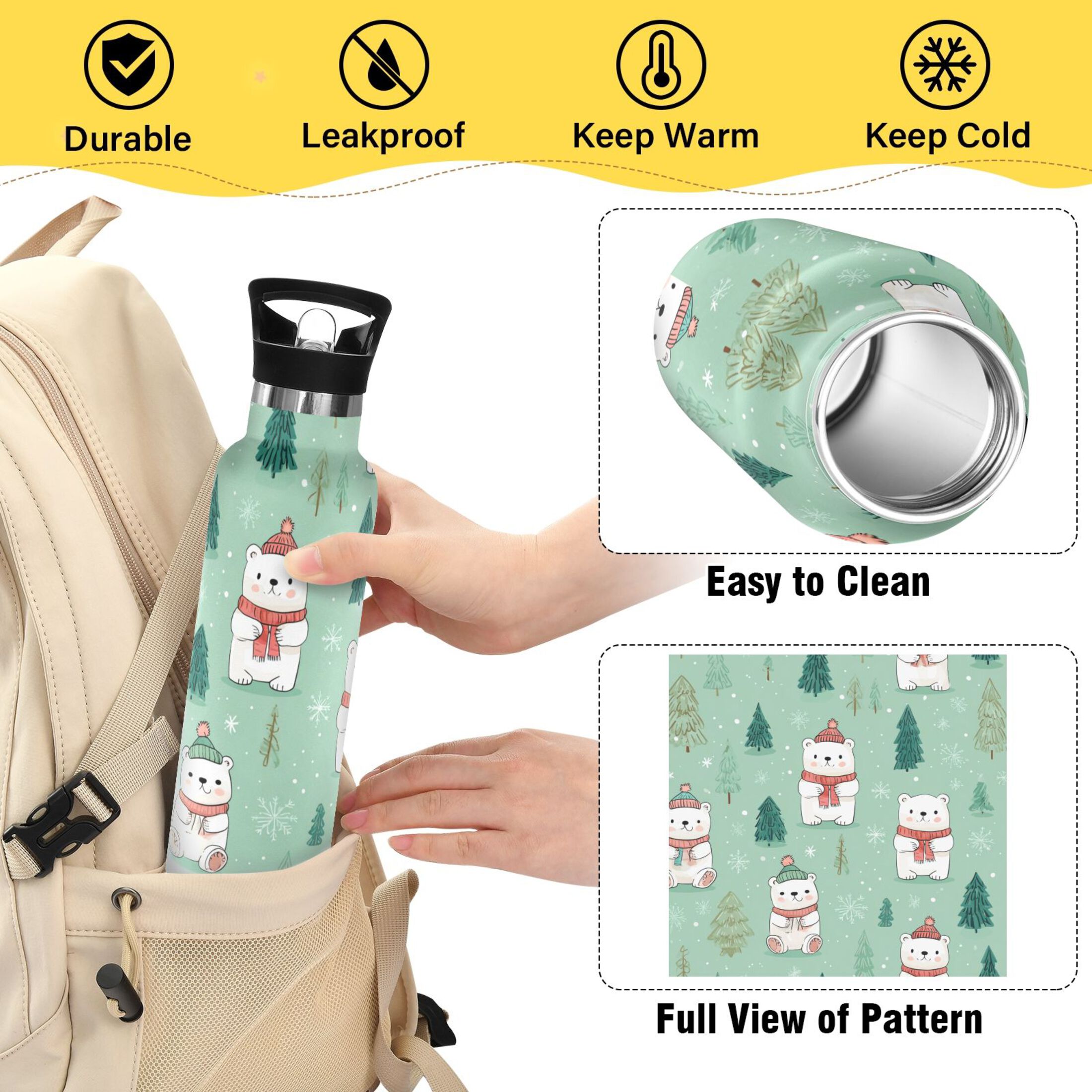 600ML Stainless Steel Insulated Cup Sports Water Bottle Portable Thermos Cup Water Glasses Insulated Tumblers Convenient and Durable Cartoon Christmas Bear