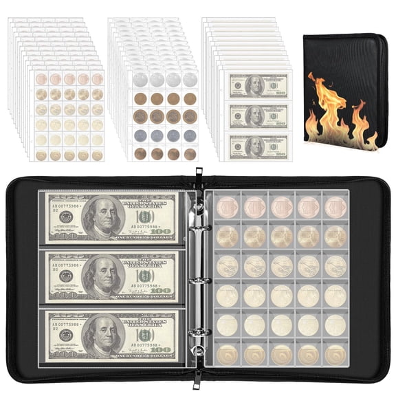 Fireproof Coin Collection Book Holder for Collectors,400 Pockets Fireproof Coin Holder Book & 36 Paper Currency Binder Sleeves, Coin Storage Collecting Organizer for Pennies,Bill,Tokens,Badges
