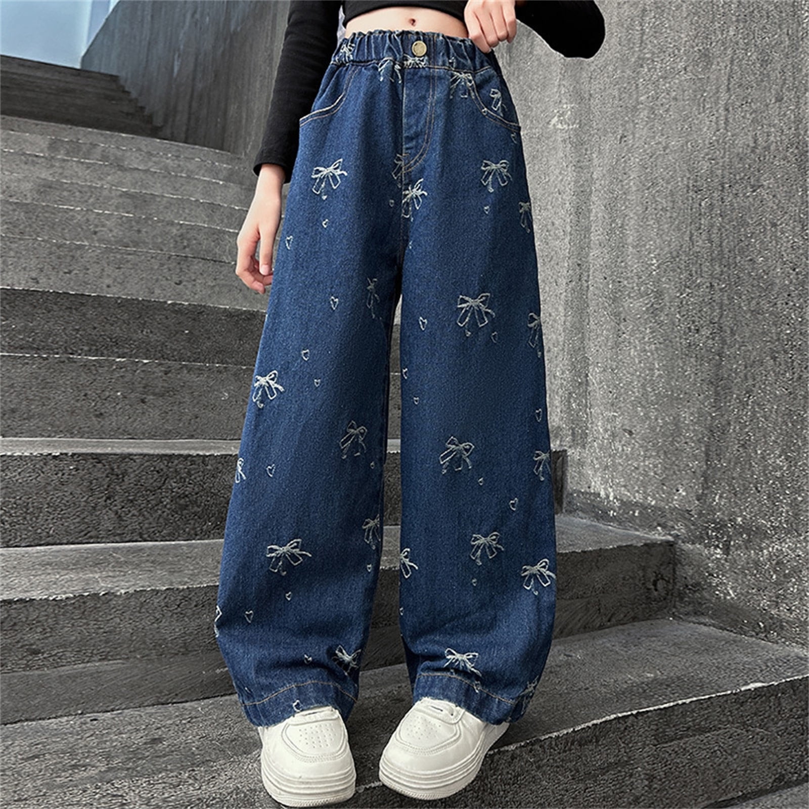 Girls Jeans Size 7 Cute Print Elastic High Waist Jeans Wide Leg Loose Denim Pants Baggy Denim Pants Trousers Blue,12-13 Years