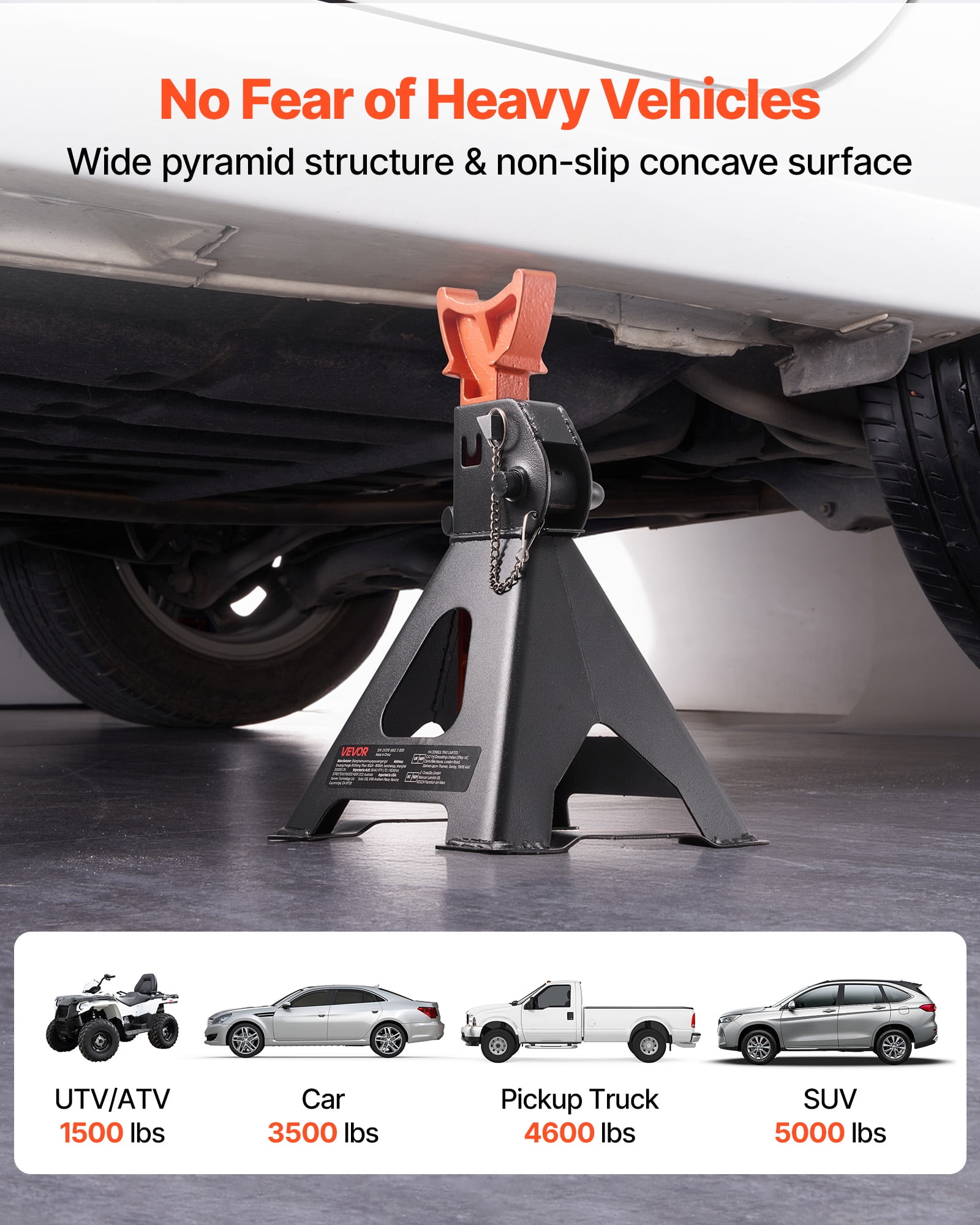 VEVOR Jack Stands, 3 Ton (6,600 lbs) Capacity, 10.8-16.3 in Adjustable Height, Heavy Duty Steel Jack Auto Stands with Double Locking, for Lifting SUV, Pickup, Car, UTV/ATV, 1 Pair, Black and Orange