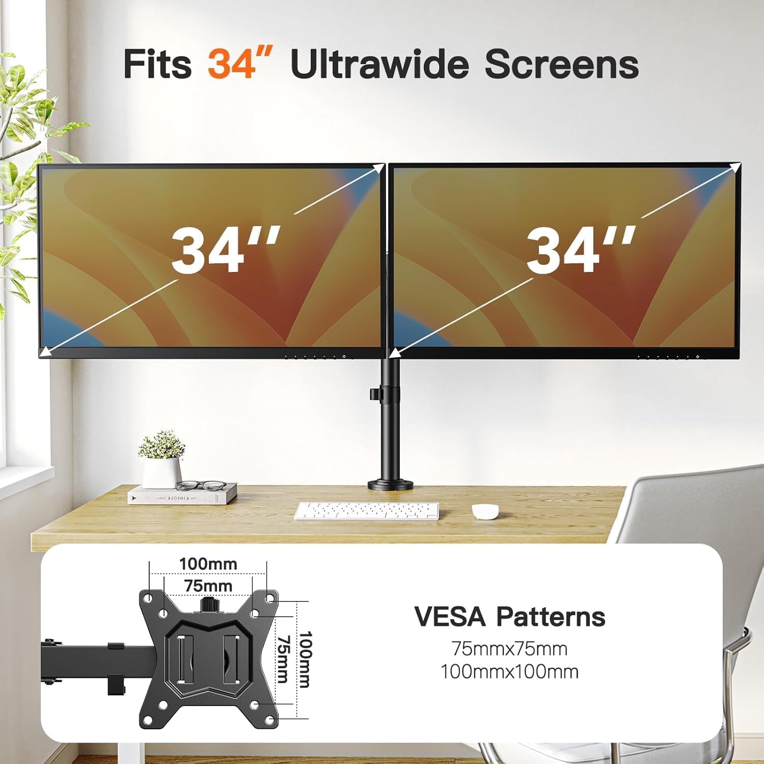 Dual Monitor Desk Mount for 13-34 Inch Screens  to 26.5 lbs, Fully Adjustable Heavy-Duty Stand with C-Clamp & Grommet Base