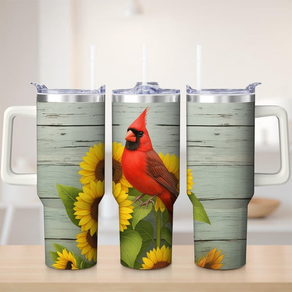 Cardinal and Sunflower Stainless Steel Insulated Mug with Lid and Handle, 30oz