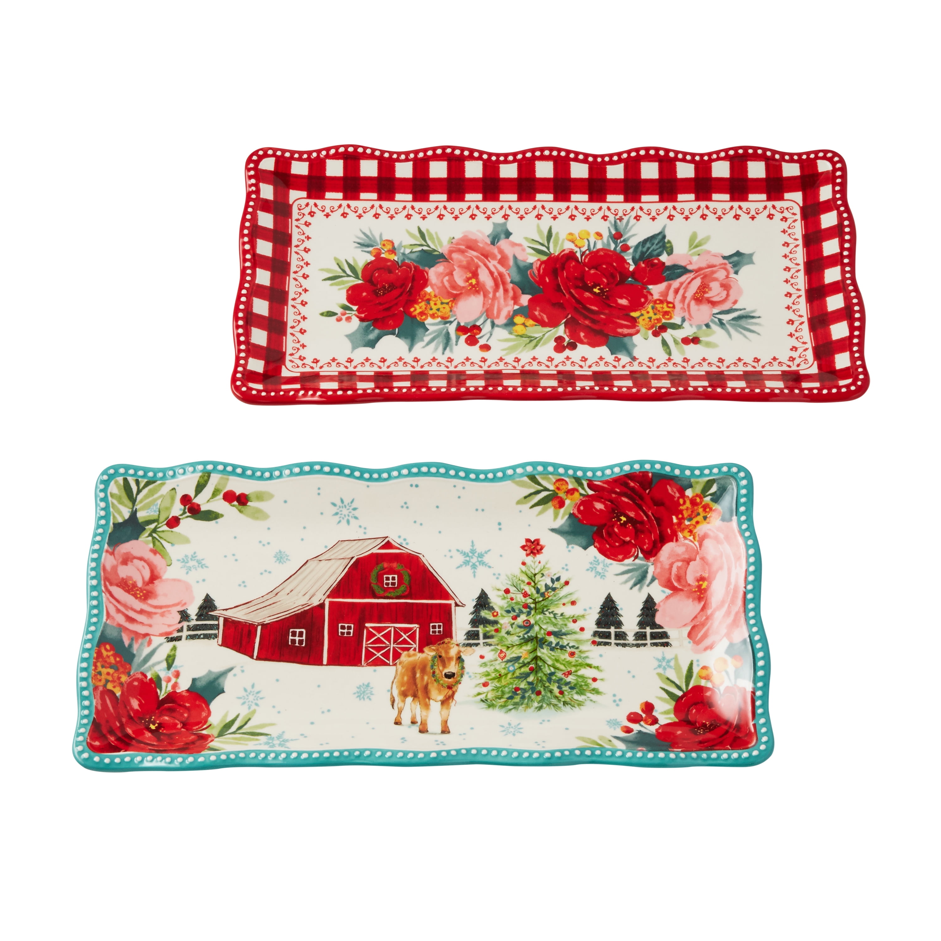 The Pioneer Woman Cheerful Rose Rectangular Stoneware Holiday Serving Tray Set