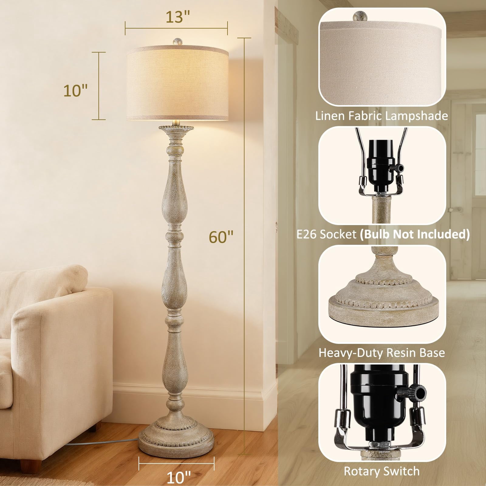 Vintage Floor Lamp For Living Room  Rustic Farmhouse Standing With Rotary And Linen Shade Retro Bedroom Corner Dining House Decor Grey
