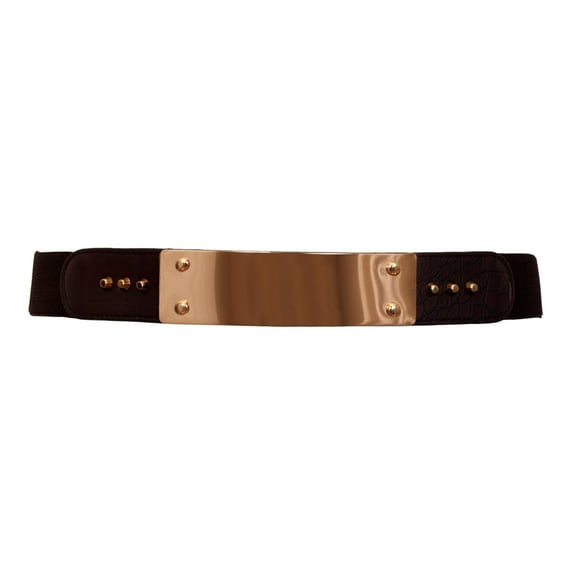 eVogues Plus Size Gold Metal Mirror Front Studded Elastic Fashion Belt Brown