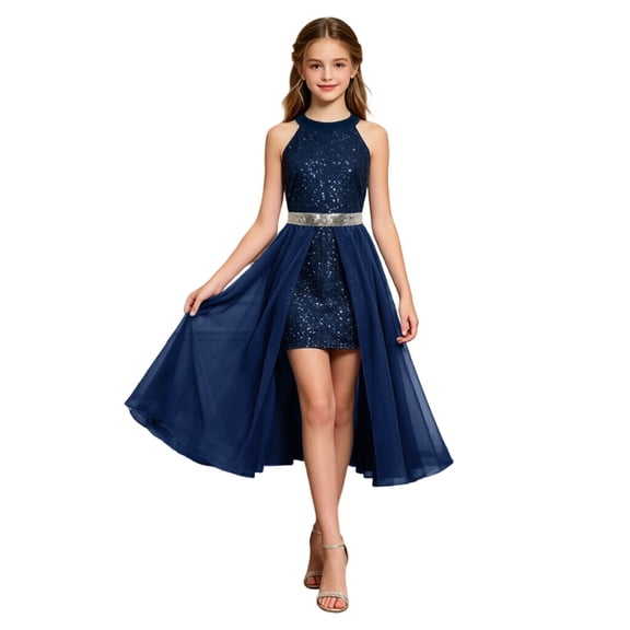 Rhuody Teen Dress For Girls Sleeveless Round Neck Dresses Solid Color Flowy Sundress Versatile Wear 13-14 Years Blue