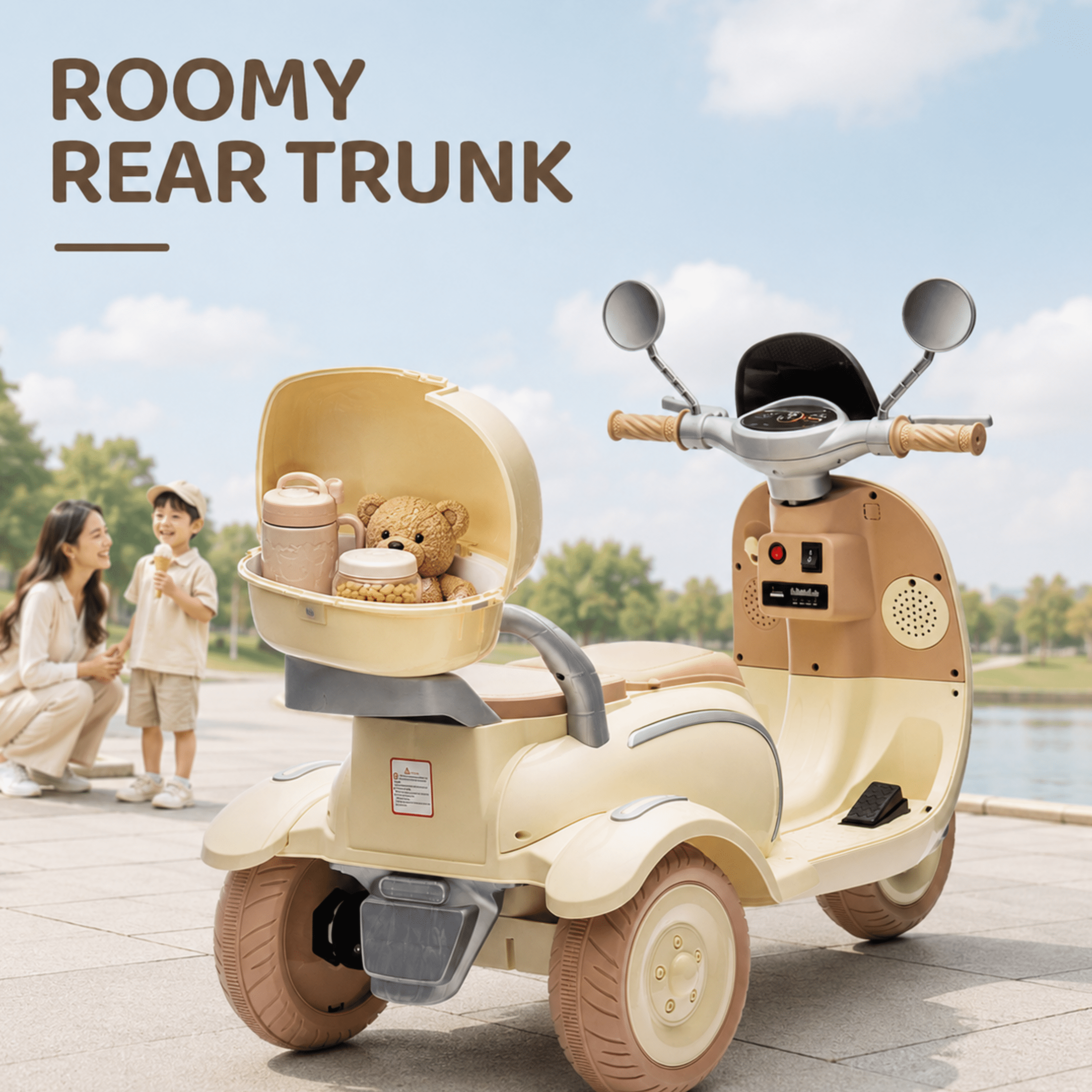12V Electric Motorcycle for Kids, 2 Seater Battery Power Ride on Motorcycle Toys with Slow Start, LED, Music, USB, 3 Wheel Electric Motorcycle for Boy Girl Birthday Gift, Beige