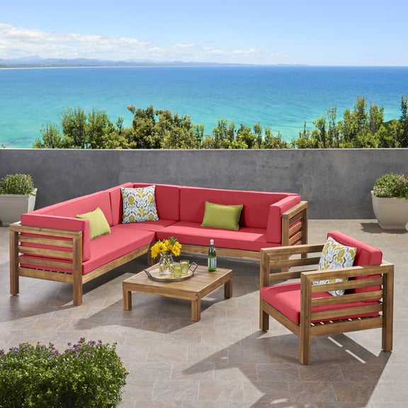 GDF Studio Emma Outdoor 6 Seater Acacia Wood Sectional Sofa, Teak and Red