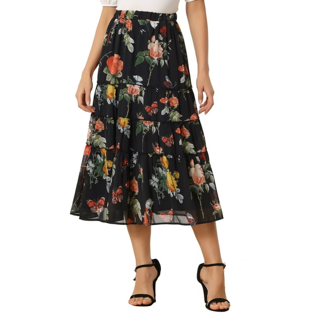 Falda Floral de Chiffon para Mujeres Inspire Chic, A-line, Larga, con Volantes en Capas, Boho, Verano, Midi, S Negro Rosa