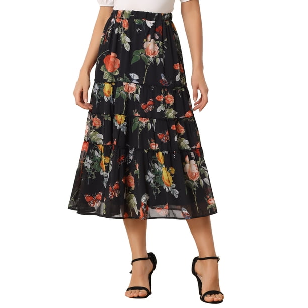 Falda Floral de Mujer INSPIRE CHIC con Cintura Alta Elástica, Largo hasta el Tobillo, Falda A-Line XL Negra Rosa