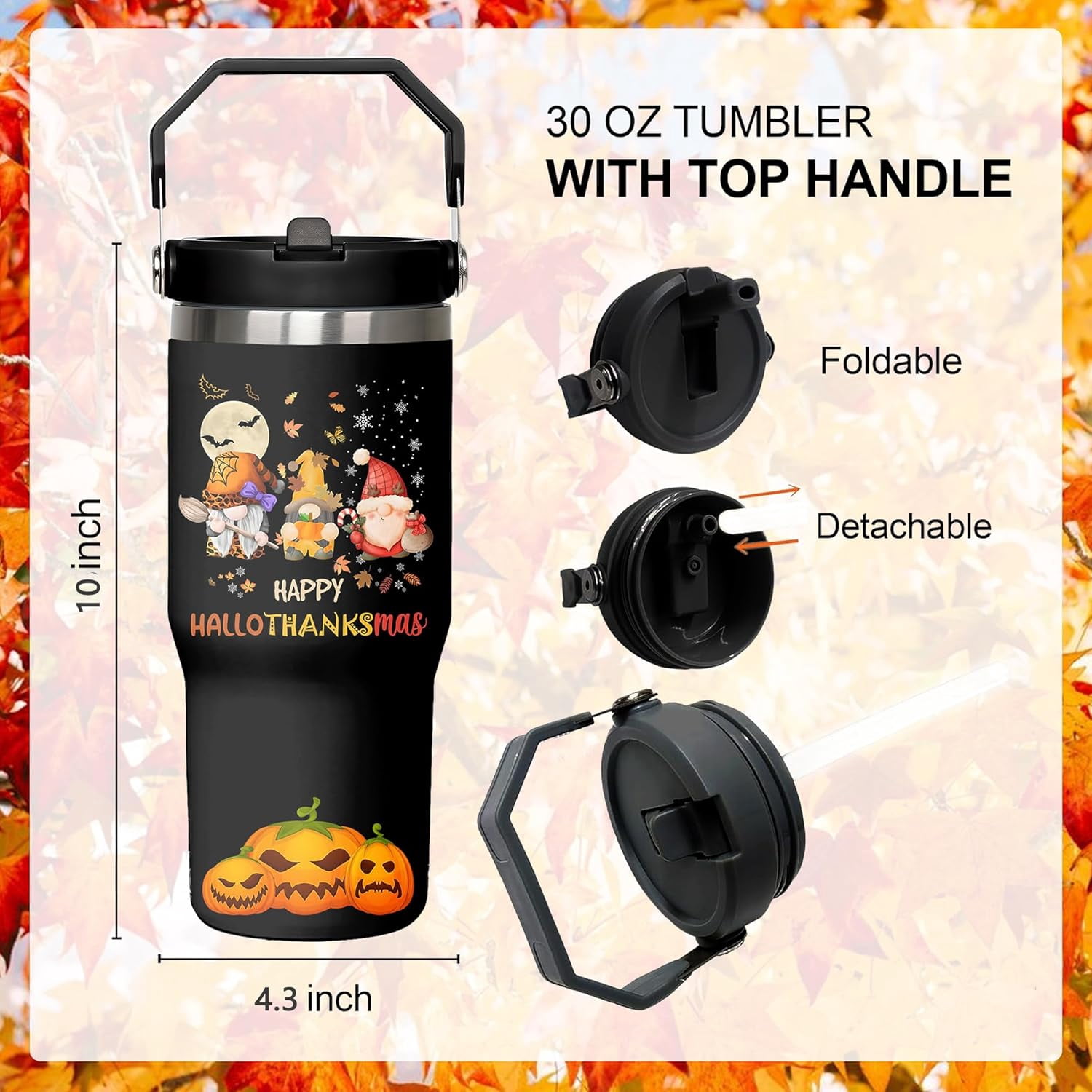Happy Hallothanksmas Tumbler, Fall Cup 30 Oz Tumbler with Handle and Flip Straw, Insulated Autumn Mugs Keeps Drinks Cold & Hot, Thanksgiving Halloween Christmas Gifts For Women