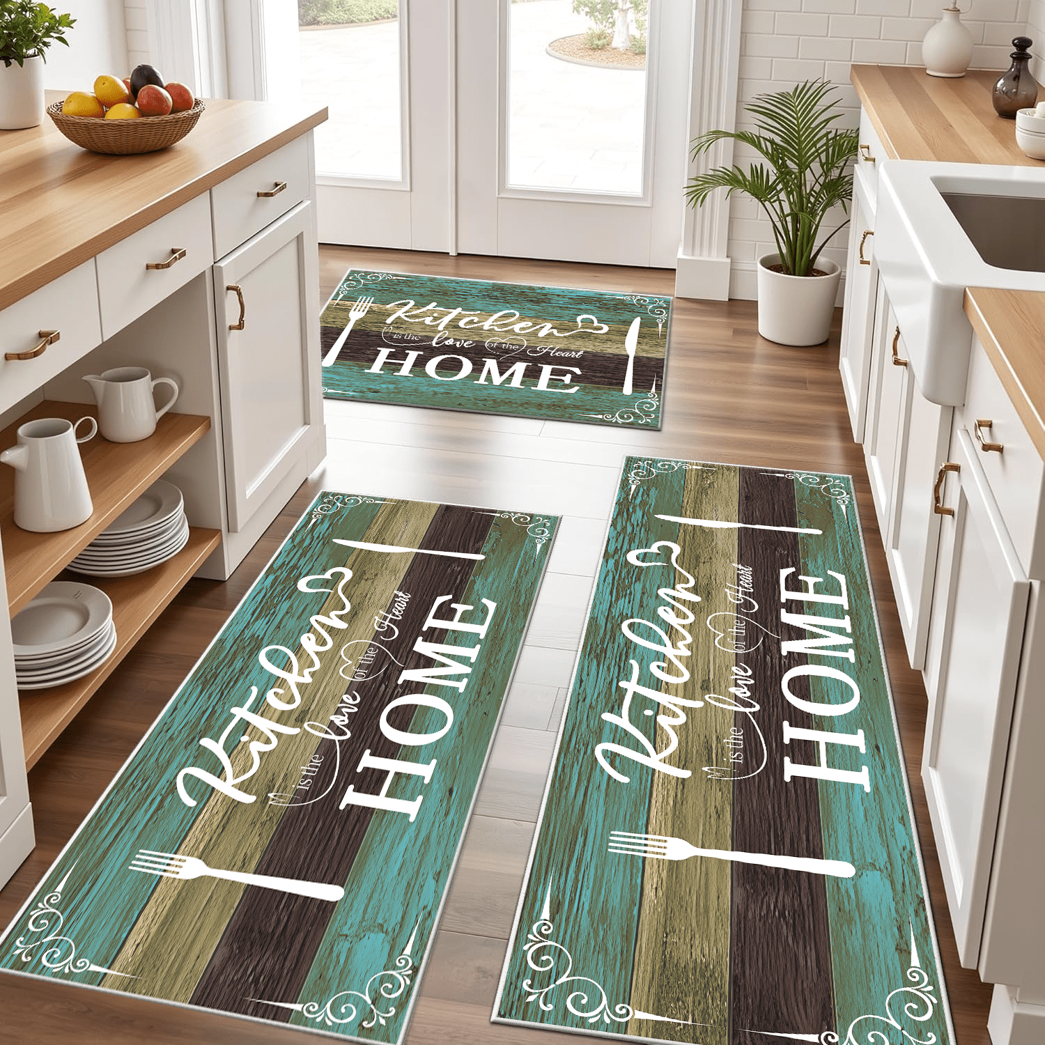 Kitchen Rug Sets 3 Piece, Washable Non-Slip Soft Polyester Kitchen Floor Mats with TPR Cotton Backing, Farmhouse Area Rugs for Kitchen Laundry Hallway Bathroom