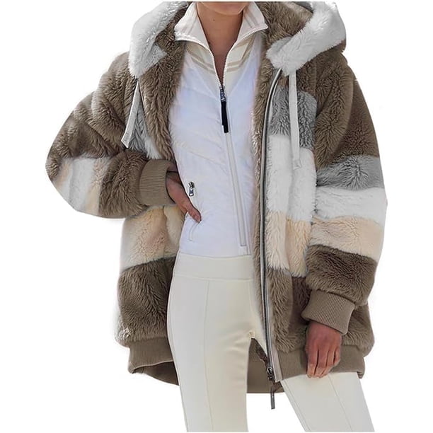 Abrigo Acolchado De Lana De Cordero En Contraste, Chaqueta con Capucha Multicolor De Felpa Gruesa Suelta De Otoño E Invierno para Mujer con Bolsillos