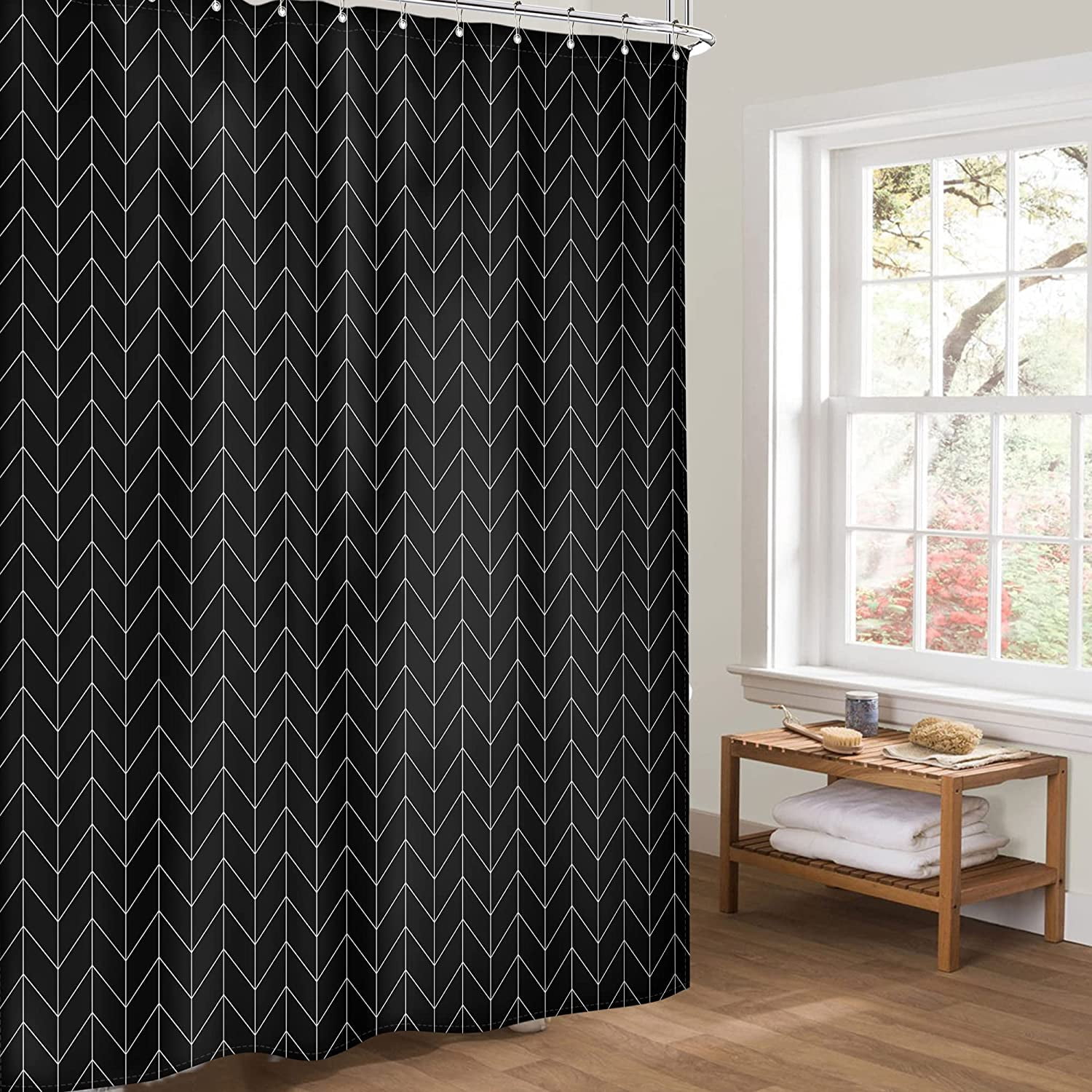 Herringbone Chevron Shower Curtain Extra Long 72x84 Inch Black Geometric Striped Modern Fashion Panel Decor Fabric Bathroom Set Polyester Waterproof 12 Pack Hooks