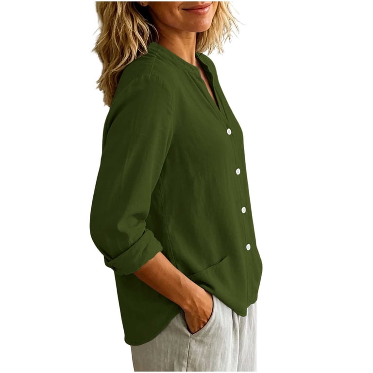 QINGFSAP Womens Solid Notched V Neck Button Front Tops Side