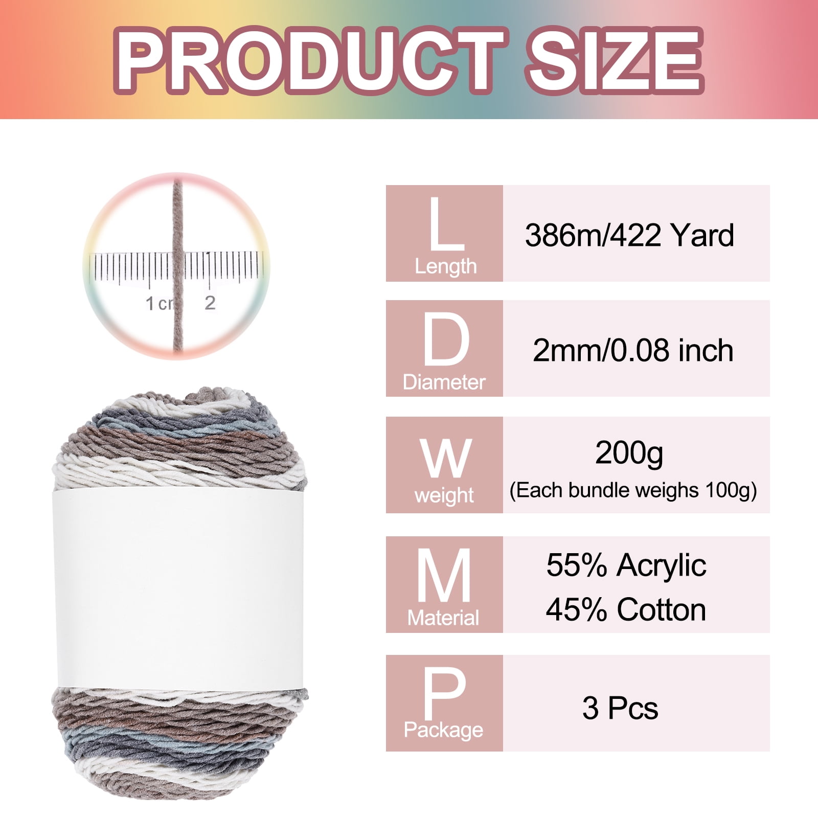 3Pcs 634 Yard Acrylic Yarn for Crocheting, Beige,Brown,Gray