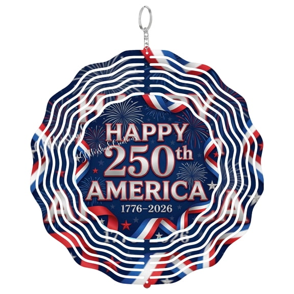Happy 250th America Fireworks 3D Wind Spinner Stainless Steel Kinetic Art Anniversary Gift Round
