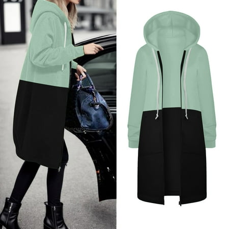 TIANZEN Women Autumn And Winter Casual Fashion Solid Color Drawstring Hooded Long Zipper Pocket Coat Long Jacket Coat Light Jacket for Women Casual Womens Fashion for Work Women Suit Jacket