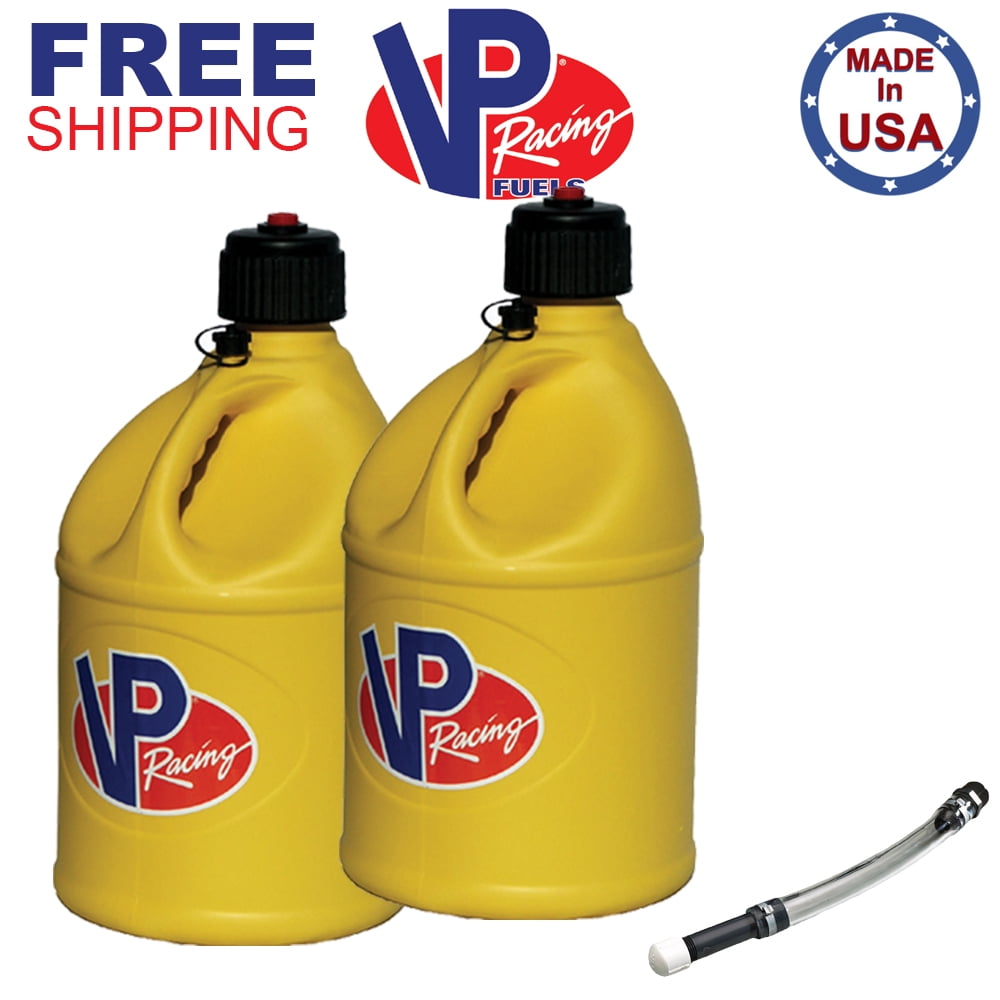 VP Racing 2 Pack Yellow 5 Gallon Round Fuel Jug Gas Can + Deluxe Fill Hose
