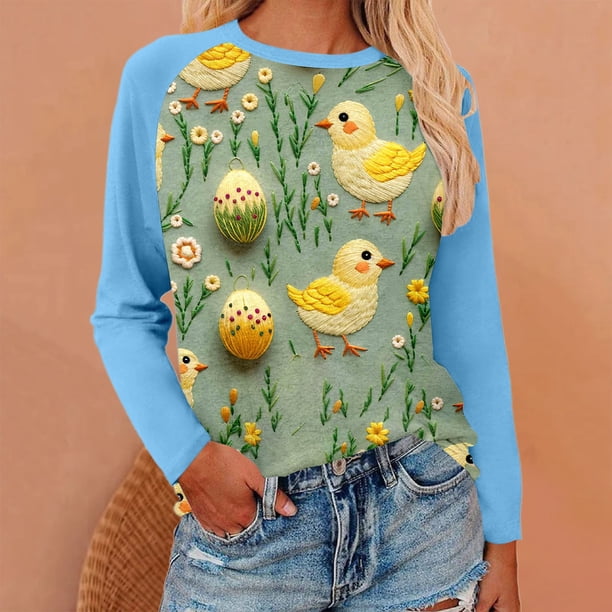 MHFRRA Camiseta Holgada de Manga Larga con Estampado de Pascua para Mujer Azul Claro