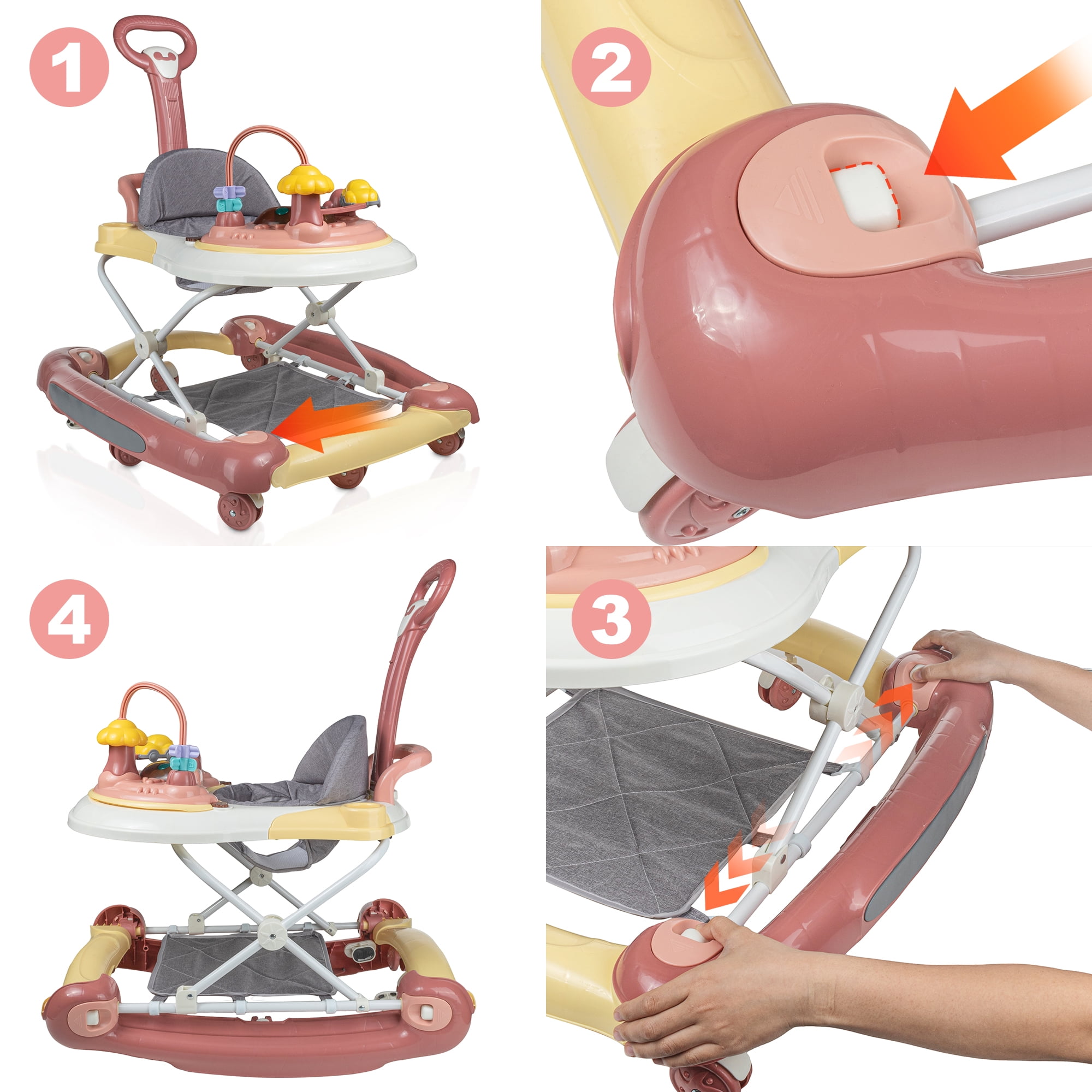 HAOUUCYIN 4-in-1 Baby Walker, Music Activity Push Walker with Wheel, Foldable and Height Adjustable, Pink