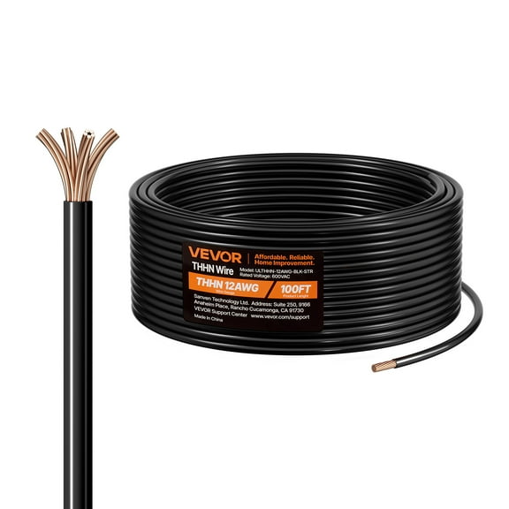 VEVOR 12 AWG THHN Wire, 19-Stranded, 100% OFC Copper Electrical Building Wire with Nylon Jacket, Rated for Up to 600 Volts, for Indoor Outdoor Use, Commercial, Industrial, Residential, Black