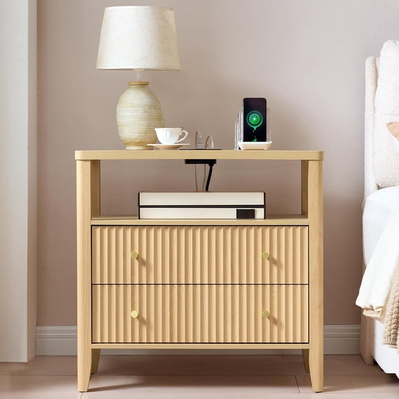 Fluted Nightstand with Charging Station, 27.3" Wide Modern Bedside Table with 2 Drawers & Open Shelf, Large Wood End Table with Storage & Metal Handle for Bedroom, Natural Wood