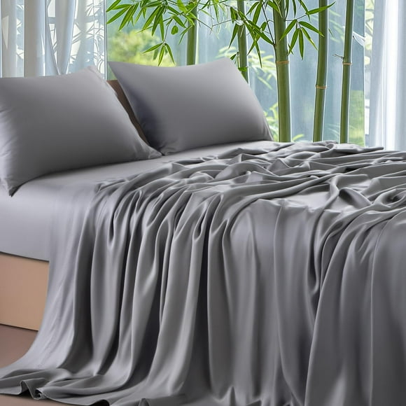 Shilucheng 100% Viscose Derived from Bamboo_ Sheets Cal King Size 4pcs - Ultra Cooling & Silky Soft Bed Sheets 16"" Deep Pocket Perfect for Hot Sleepers Hotel Bedding Sheets (Grey)